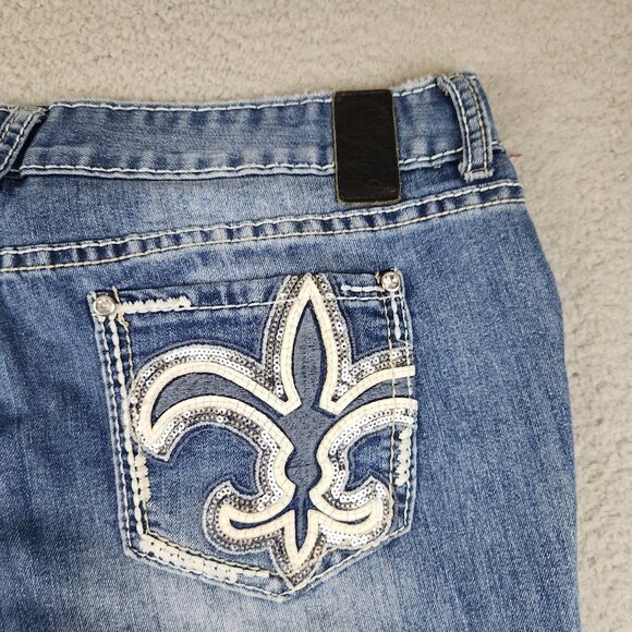 Y2K Vanity Jeans Womens 31x33 Blue Flared Low Rise Whiskered Fleur De Lis Pocket - Picture 11 of 12